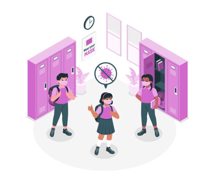 a group of people standing in front of lockers