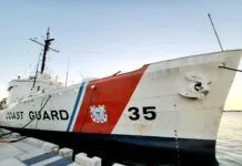 a coast guard boat docked at a pier
