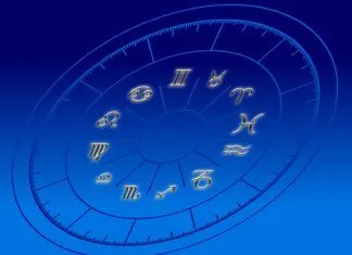 a blue background with zodiac signs and numbers