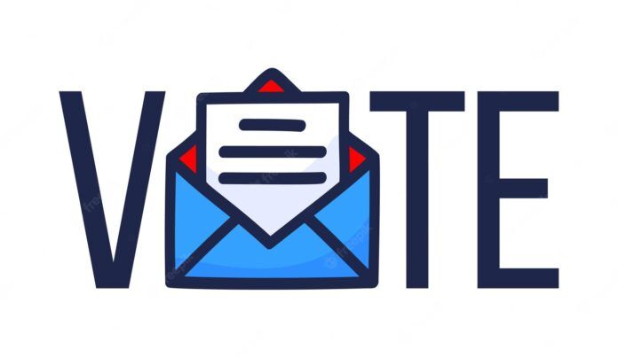 vote-by-mail a blue envelope with a red arrow in the middle of it