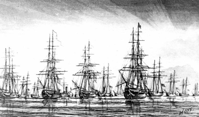 Commodore Porter's anti-piracy squadron at key west harbor 1823 monroe county library collection a black and white drawing of a fleet of ships
