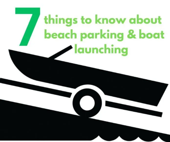 parking a sign that says 7 things to know about beach parking and boat launching