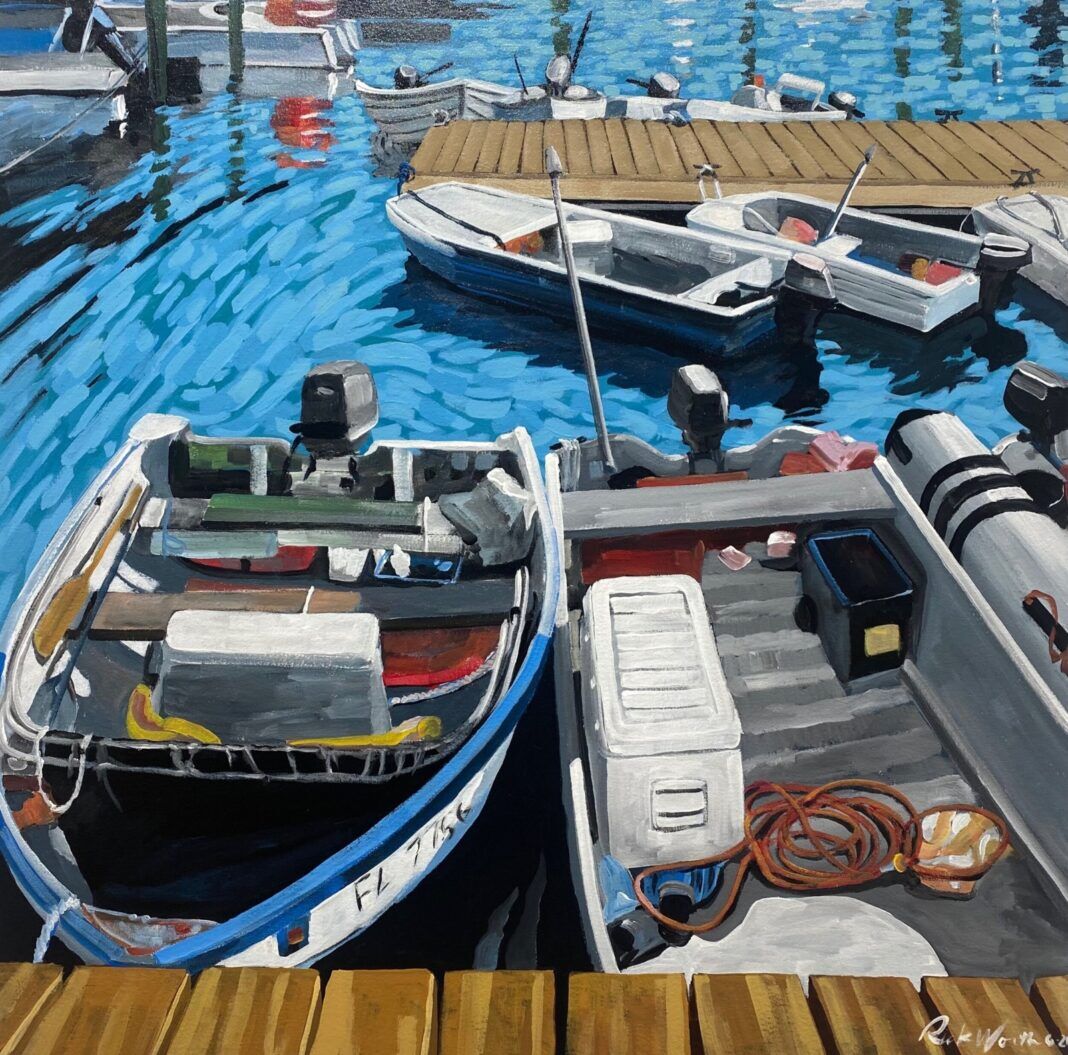 a painting of boats docked at a pier