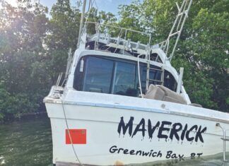 a white boat is in the water with trees in the background