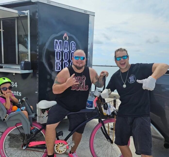food truck with bikes a couple of men standing next to a pink bike