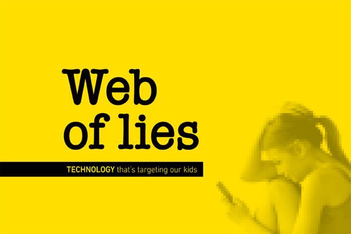 TRAVIS USE a woman looking at her cell phone with the words web of lies on it