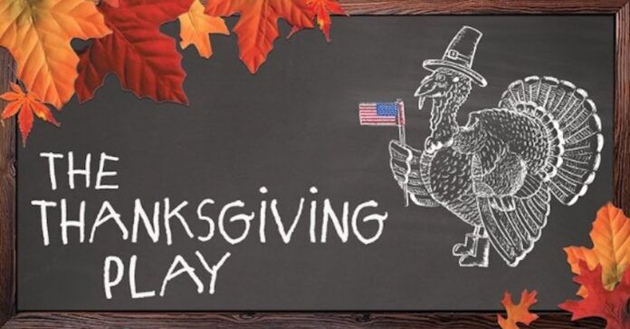 thanksgiving play at red barn a chalkboard with a drawing of a turkey and the words, the thanksgiving play