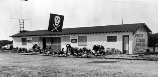 a black and white photo of a building with a skull on it