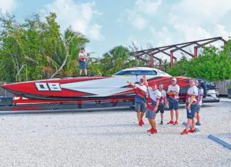 a group of people standing in front of a boat