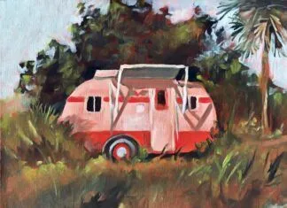 ARTIST’S CORNER: DAVID BADER CAPTURES BEAUTY OF THE UPPER KEYS a painting of a red and white trailer parked in a field