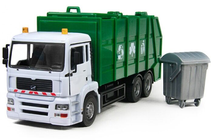 a green and white truck next to a trash can