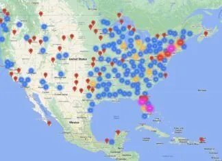 BUBBAS VOTING ENDS AT 11:59 P.M. ON JULY 7 a map of the united states with a lot of red and blue dots