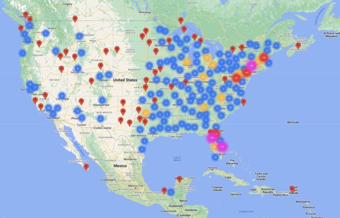 Bubbas US voting map a map of the united states with a lot of red and blue dots