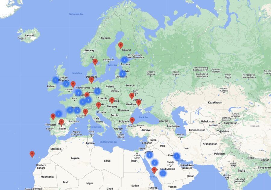 a map of the world with a lot of red dots