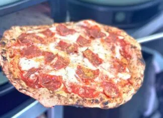 a person holding a pizza in their hand