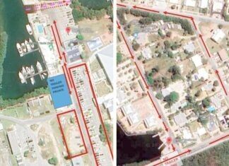 an aerial view of a city and a satellite image of a lake