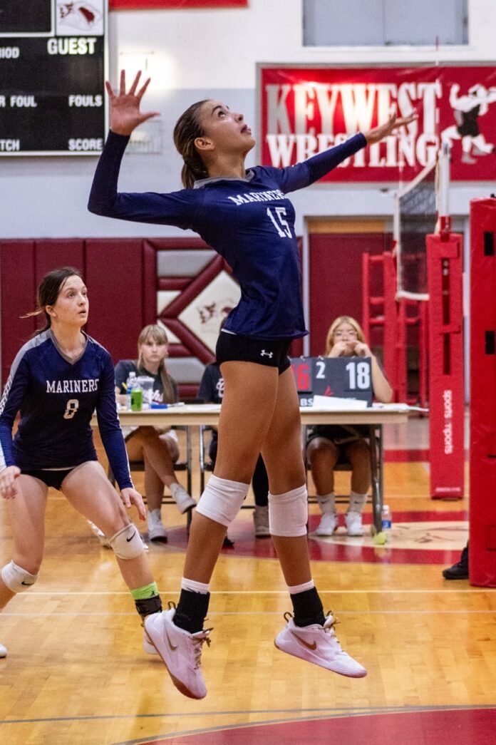 a woman jumping up to hit a volleyball