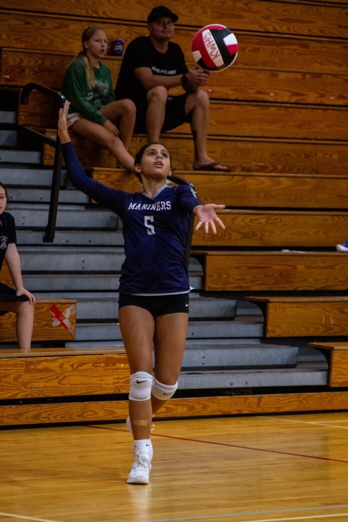 a woman jumping up to hit a volleyball