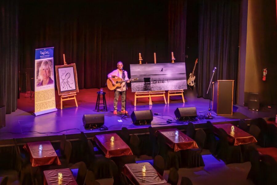 a man standing on a stage with a guitar