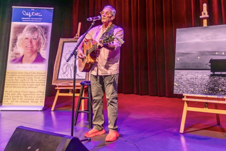 a man standing on a stage with a guitar