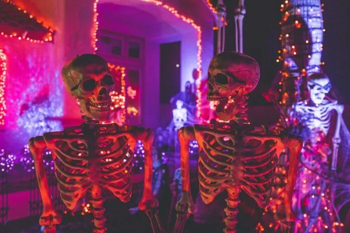 Photo by Kenny Eliason two skeleton near white concrete building with string lights at daytime