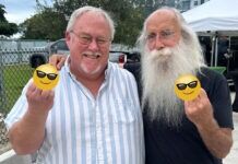 a man with a long white beard and a long white beard holding two yellow smiley