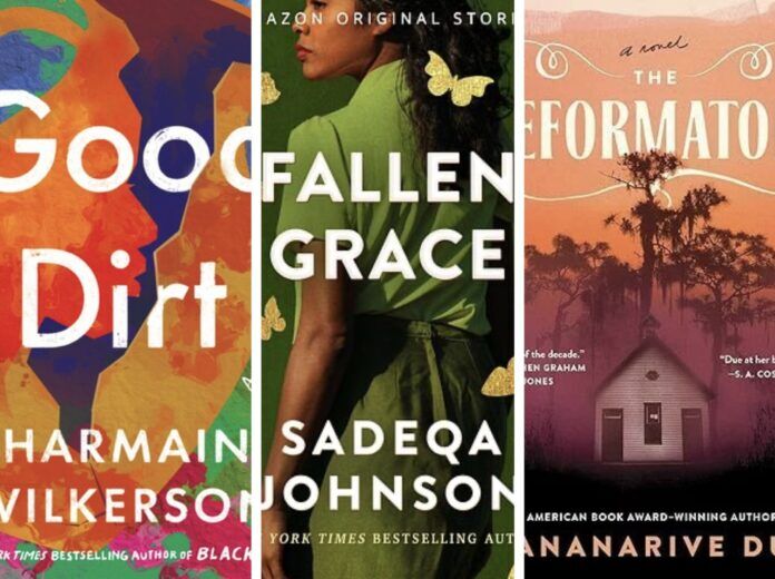 eee a collage of books with a woman in a green dress
