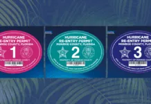STORM SEASON PREP: THIS STICKER GETS RESIDENTS BACK INTO THE FLORIDA KEYS AFTER A HURRICANE three different colored labels on a blue background