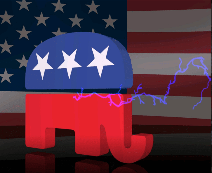 a red, white and blue elephant in front of an american flag