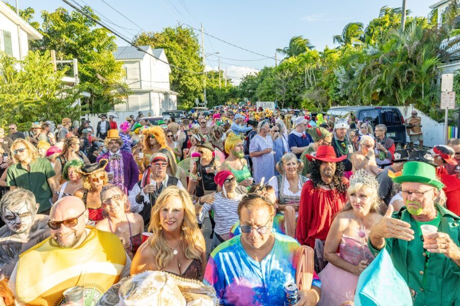 a large group of people standing in the street