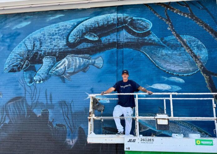 wyland manatee a man standing on a ladder in front of a mural