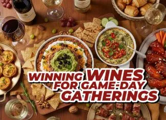 a wooden table topped with plates of food and wine