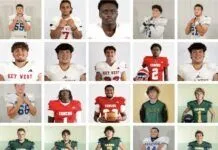 FRIDAY NIGHT TOUGH: MEET THE 2025 ALL-KEYS FOOTBALL TEAM a collage of football players in different uniforms
