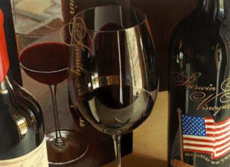 #Arts: Artist combines two passions — painting and wine - A bottle of wine on a table - Painting