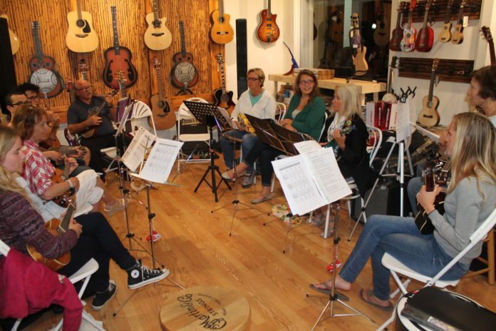 Learn how to play the ‘uke’ and be in a band - A group of people sitting at a table - Cello
