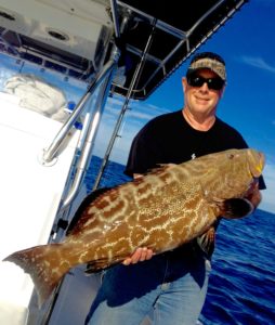 Charter captain Ryon Logan on Cheerio out of Hurricane Hole Marina fishes grouper with longtime friend and customer Phil Rambosek. Rombosek is seen here with a 25-pound black grouper caught in 75 feet of water.  