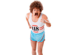 To run or not to run? - A person wearing a white shirt - 118 118 Mens Fancy Dress Costume Marathon Retro Vest Shorts Tash Socks WIG#V+S+W+M+WB#large