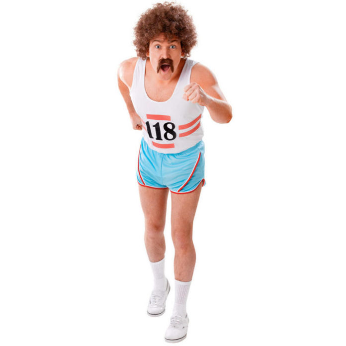 To run or not to run? - A person wearing a white shirt - 118 118 Mens Fancy Dress Costume Marathon Retro Vest Shorts Tash Socks WIG#V+S+W+M+WB#large