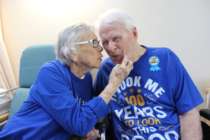 Couple celebrates anniversary, while husband hits 100 years - A man in a blue shirt - Crystal Health & Rehab