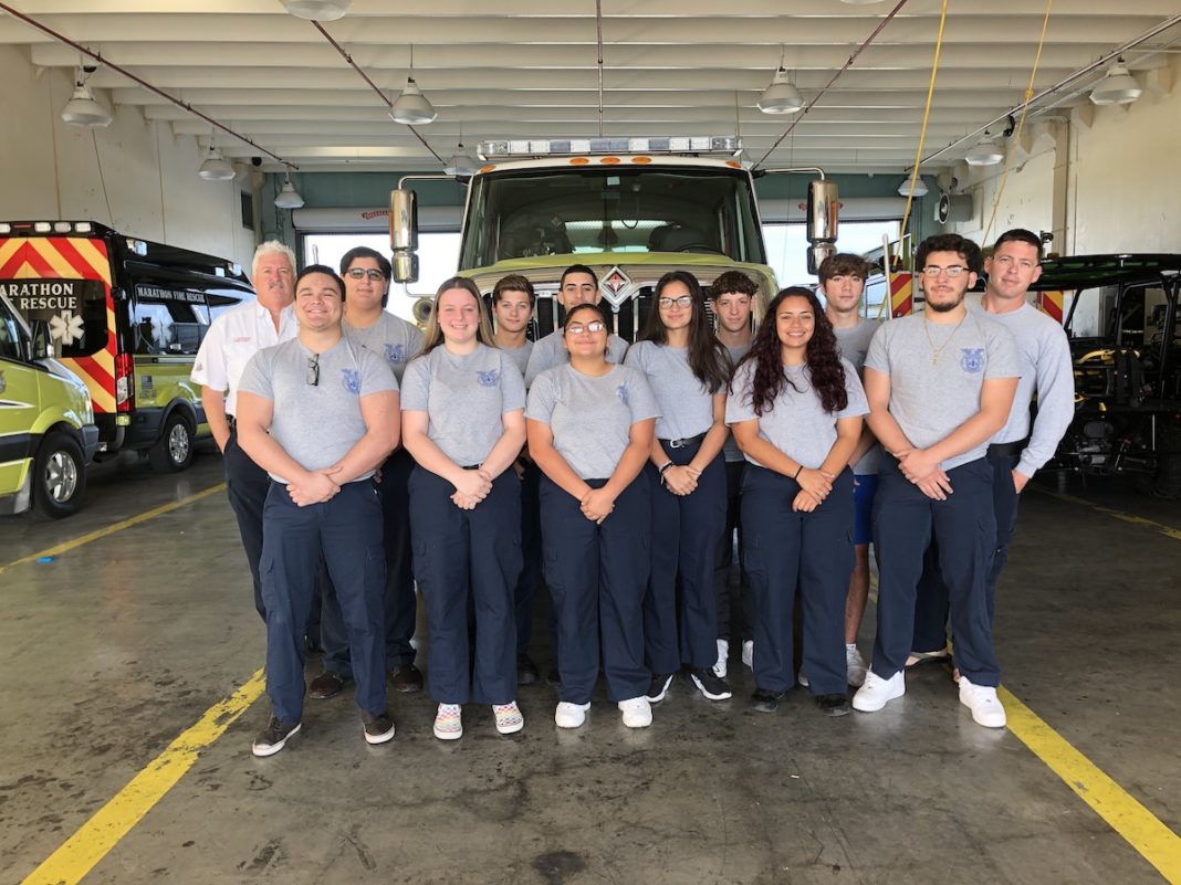 About a dozen students from Marathon High School start their mornings at the Marathon Fire Station. The new program seeks to recruit more locals (long-term) employees for the department. SARA MATTHIS/Keys Weekly