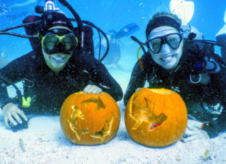two people in scuba gear holding pumpkins in the water