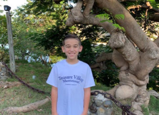 a young boy standing in front of a tree