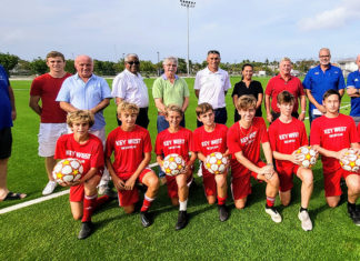 a group of people on a field with soccer balls