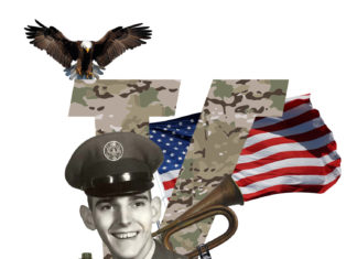 a collage of military items including boots, a flag, and an eagle