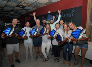 a group of people holding up their trophies