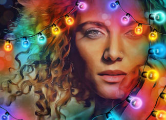 a painting of a woman surrounded by lights