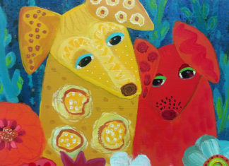 ARTIST SPOTLIGHT: SONIA ROBINSON’S WORK IS DOGGONE BEAUTIFUL a painting of two dogs surrounded by flowers