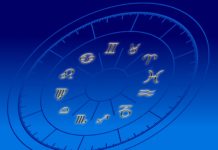 a blue background with zodiac signs and numbers