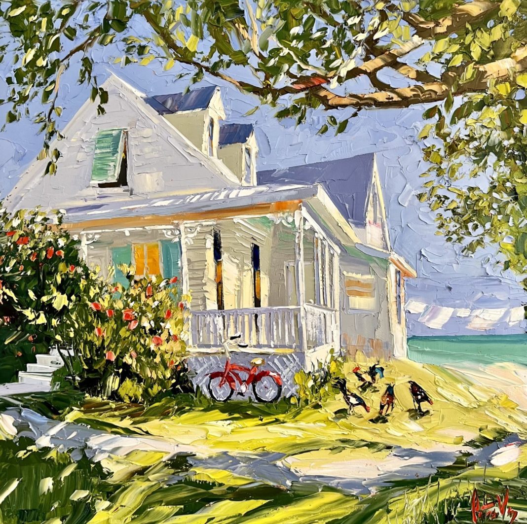 a painting of a house on the beach