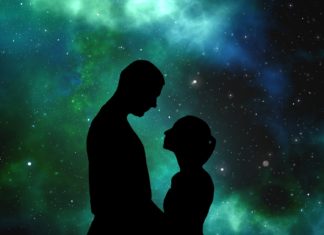 ISLAND ASTROLOGER: FALL IN LOVE WITH AWE two people standing in front of a sky filled with stars